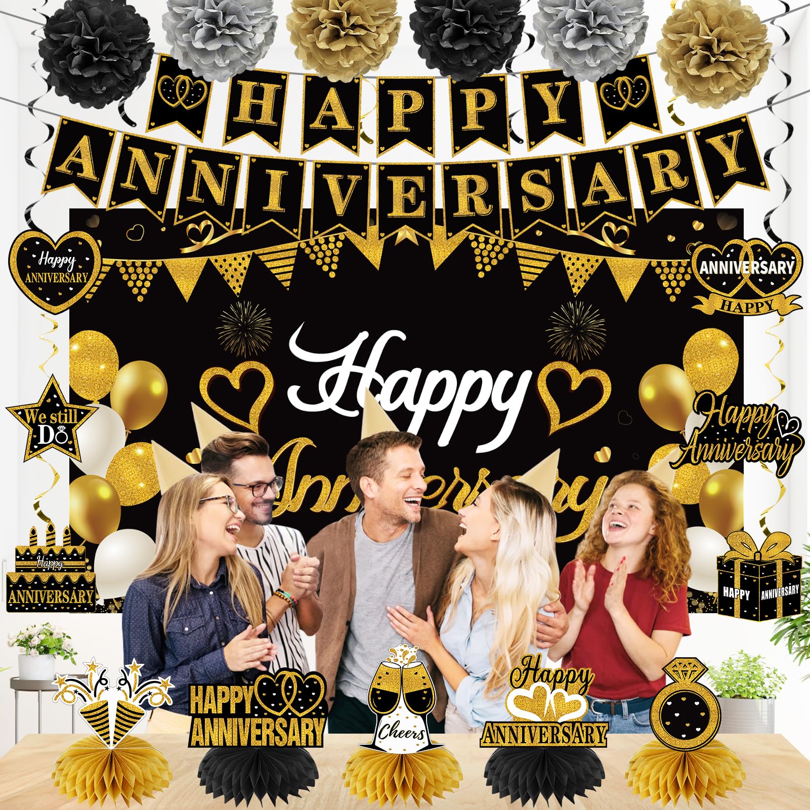 Turypaty Happy Wedding Anniversary Decorations Kit Supplies Black Gold