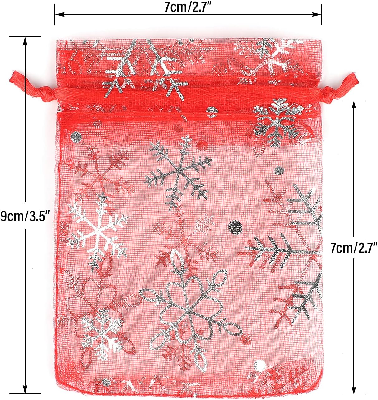 jijAcraft 3x4Inch Christmas Organza Bags - 50Pcs Red Snowflake Gift Bags, Xmas Party Favor Drawstring Mesh Gift Pouches for Winter Gift, Candy, Jewelry Bags