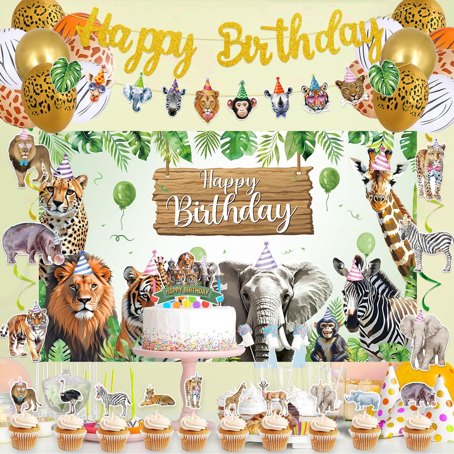 Roetyce Safari Animals Birthday Party Decorations, Jungle Birthday Banner