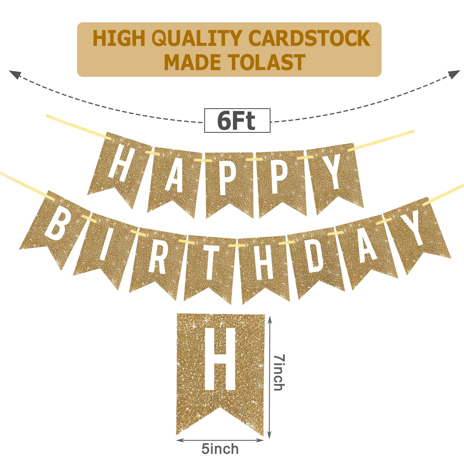 Netnology Pre-Strung Gold Glitter Happy Birthday Banner Decorations