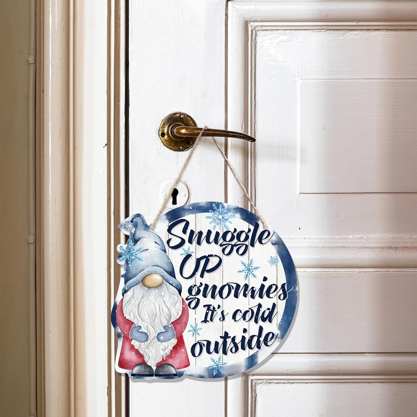 CGBHW Winter Snowflake Snowman Gnome Wooden Sign, Winter Wreath Christmas Holiday Vavy Blue Decoration Hanging Sign Wall Decor, Snuggle up Gnomies It’s Cold Outside Home Door Decor 12 x 12 Inch