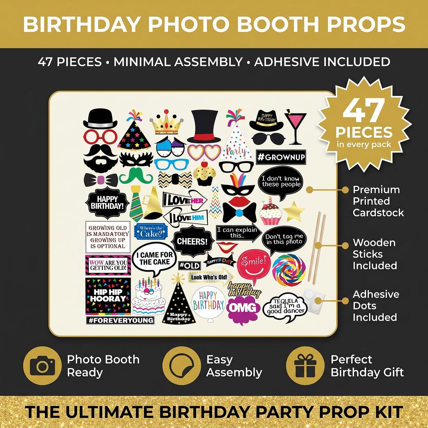 Funny Birthday Photo Booth Props - 47 Pieces - Funny Birthday Party Supplies for Him or Her - Photo