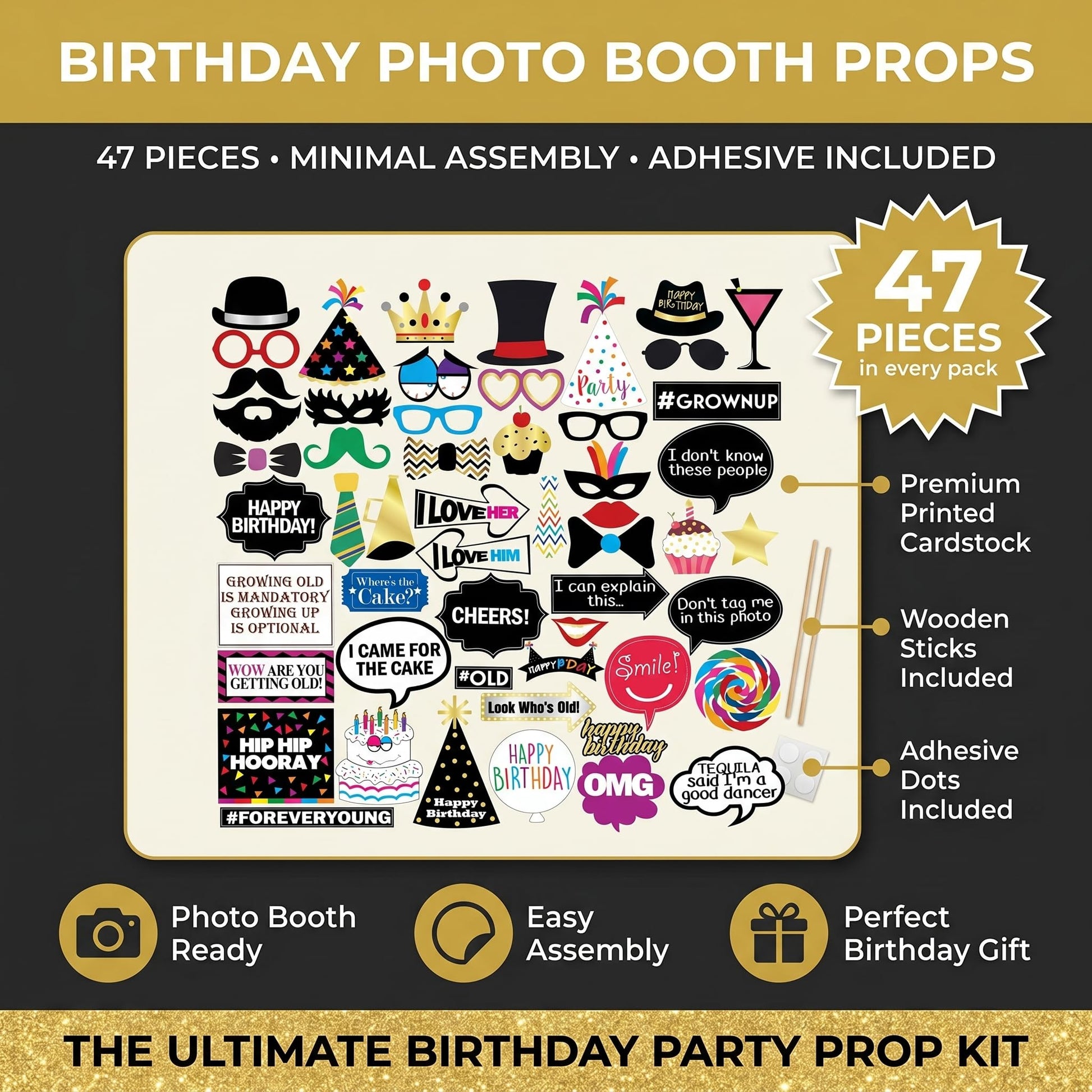 Funny Birthday Photo Booth Props - 47 Pieces - Funny Birthday Party Supplies for Him or Her - Photo
