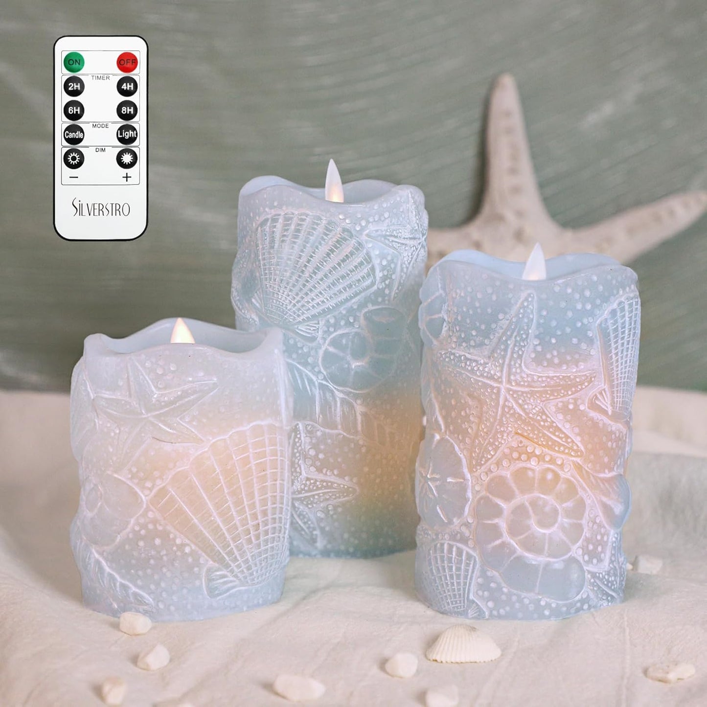 Silverstro Ocean Flameless Candles Remote Carved Seashell Real Wax Flicker Battery Operated Candles for Home Party Wedding Nautical Thanksgiving Christmas Easter Decor - Set of 3(Blue)