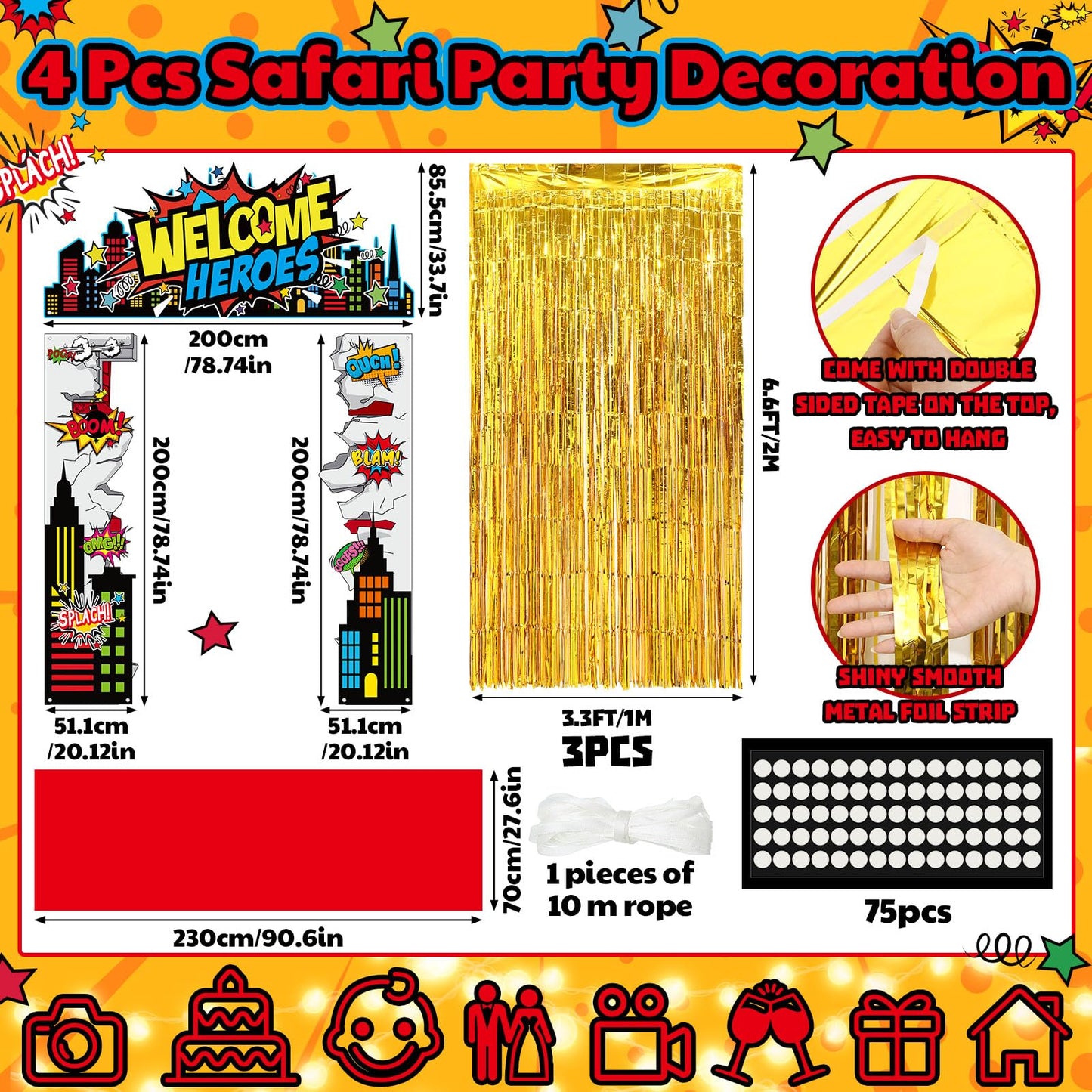 VitalCozy 7 Pcs Hero Party Backdrop Banner Gold Fringe Curtain Decor