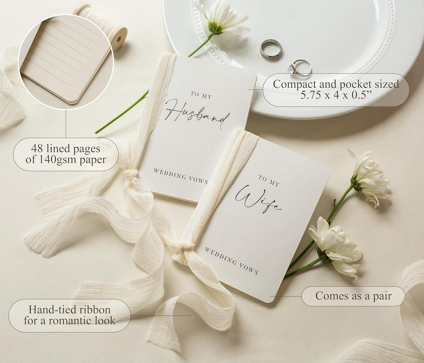 Modern Album Designs White Vow Books with Ribbons (Set of 2) - 5.625 x 4 Minimalist Pocket Sized Wedding Ceremony Vow Renewal Speech Notebook Journal, Gift for Bride & Groom To Be, 48 Lined Pages