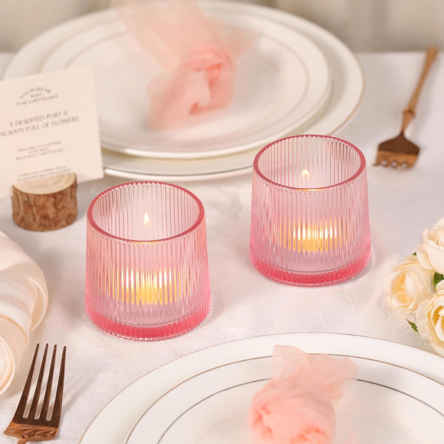 Pink Ribbed Tealight Votive Candle Holders Set of 10- Votive Candle Holders for Table Centerpiece, Tea Light Candle Holder Glass for Wedding and Home Decor, Blue Decor and Gifts