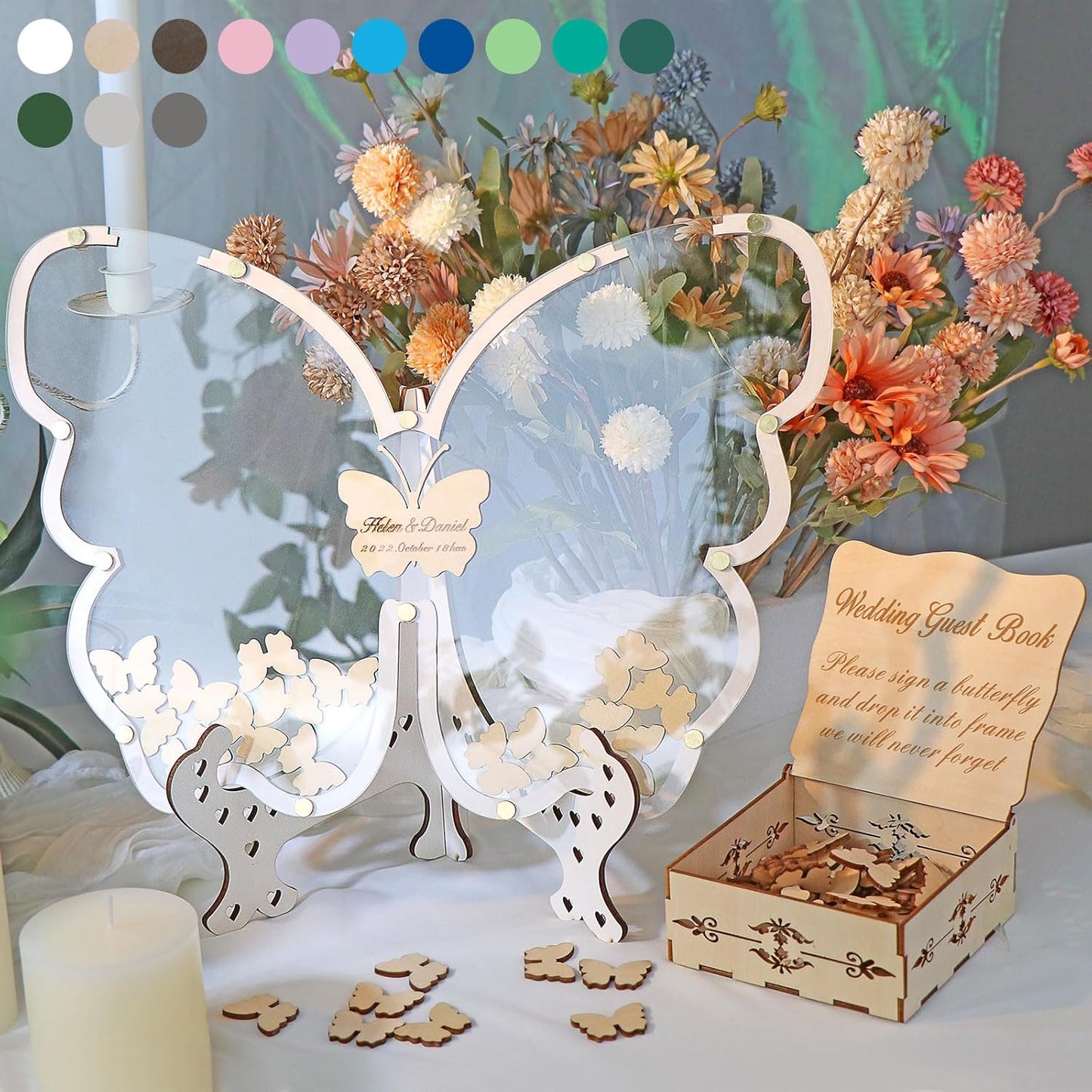 14Colors Butterfly Guest Book Alternativey for 40 Guests to 200 Guests,Rustic Drop Wooden Signs for Wedding,Quinceanera,Birthdays and Baby Show