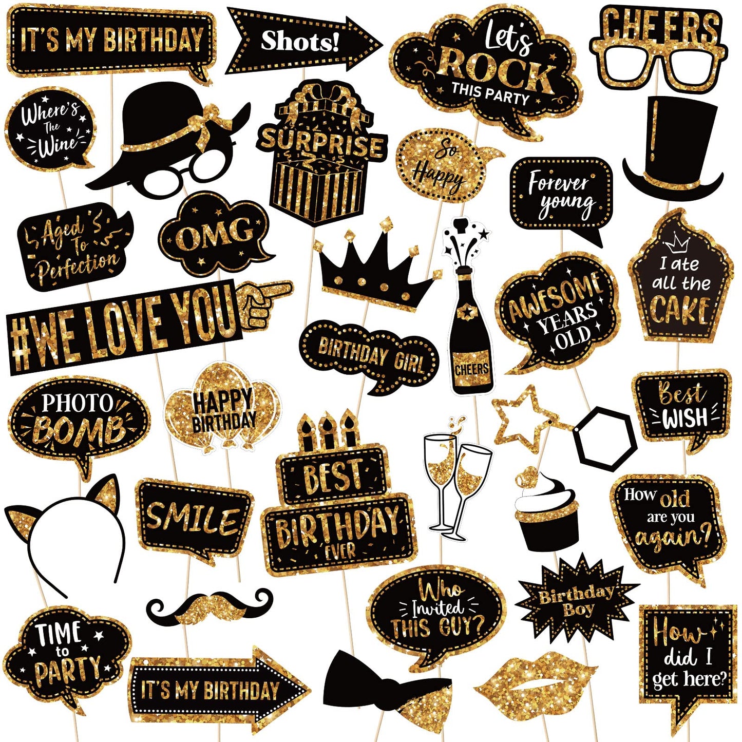 Outus 36 Pcs Birthday Photo Booth Props Kit Happy Birthday Graduation Wedding Party Favors Supplies