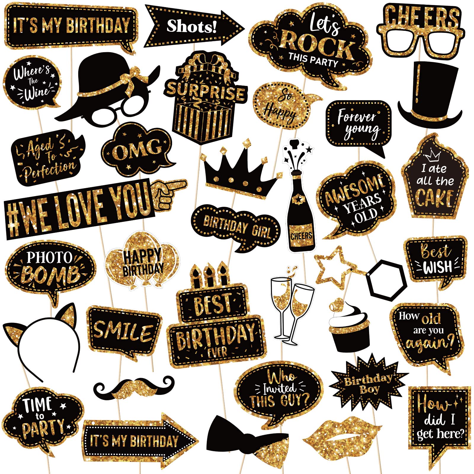 Outus 36 Pcs Birthday Photo Booth Props Kit Happy Birthday Graduation Wedding Party Favors Supplies