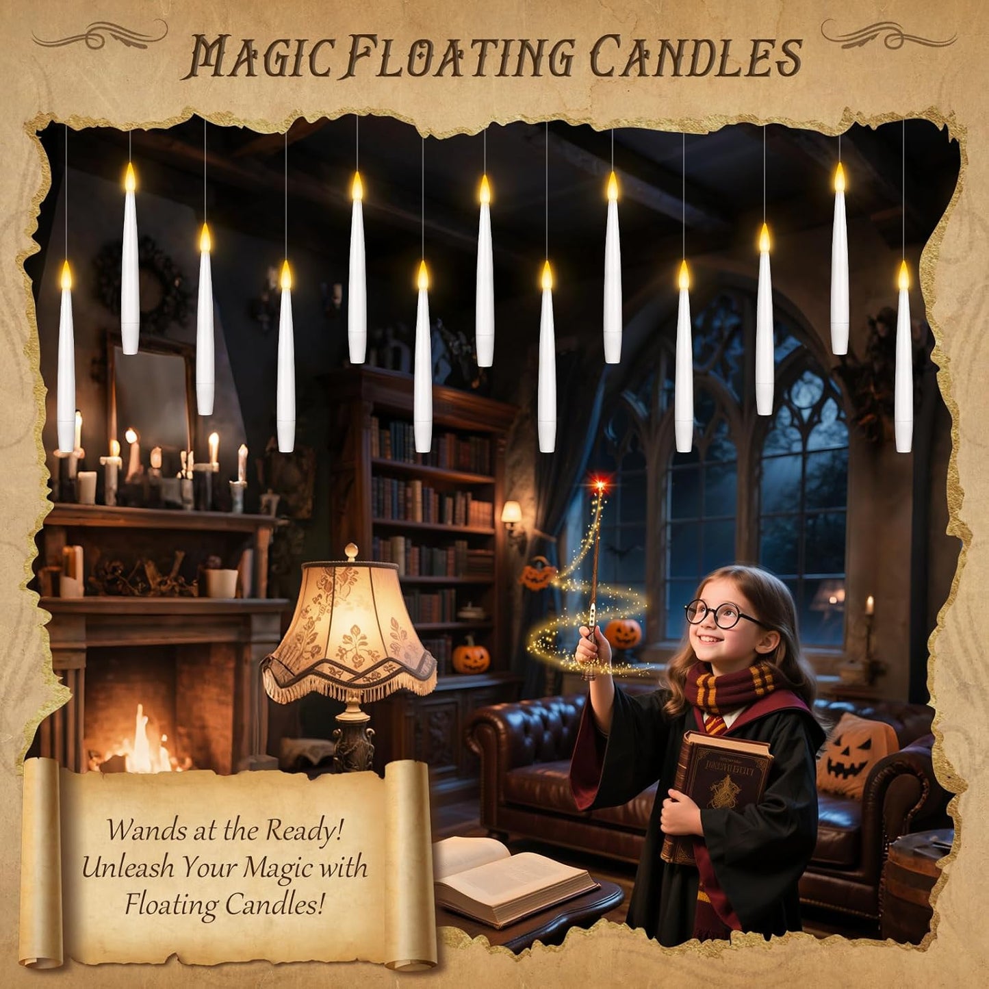 Halloween Decorations, 12 Pcs Floating Candles with Wand Remote, Battery (indluded) Operated Magic Wand Hanging LED Candles, Flameless Flickering Taper Candles for Halloween Christmas Decor Birthday
