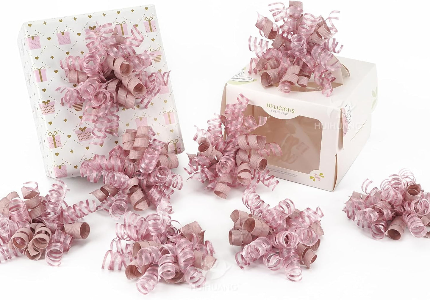 HUIHUANG Self-Adhesive Curly Bows Gift Wrap Accessory Dusty Rose Gift Bow 5 inch x 8 Counts Dusty Pink Ribbon Bows for Presents, Paper Bag, Party Favors, Bridal Shower Wedding Decoration
