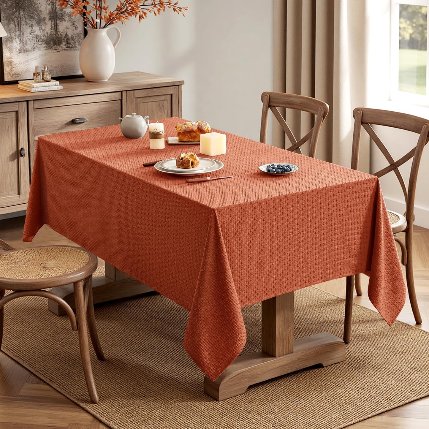 MIULEE Fall Tablecloth Burnt Orange Linen Cottton Table Cloth Rectangle Waterproof Spillproof Cross-Star Textured Decorative Farmhouse Style for Dining Party Weddings 60x84 Inch