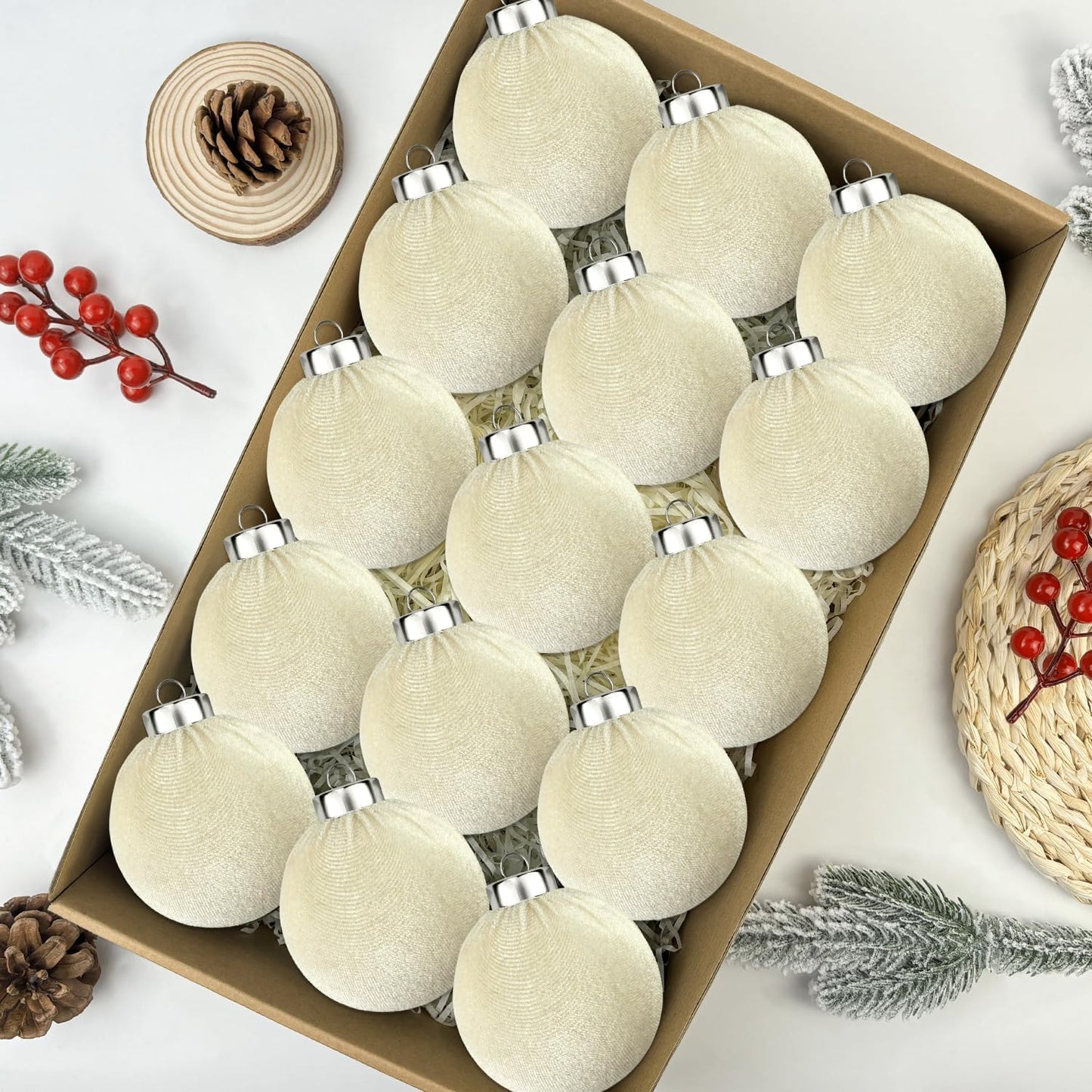 Beige Velvet Christmas Ball Ornaments for Tree 15 PCS, Large Neutral Flocked Christmas Bulbs Ornaments Set, Shatterproof Xmas Hanging Baubles Decorations (Beige, 3.15 Inch)