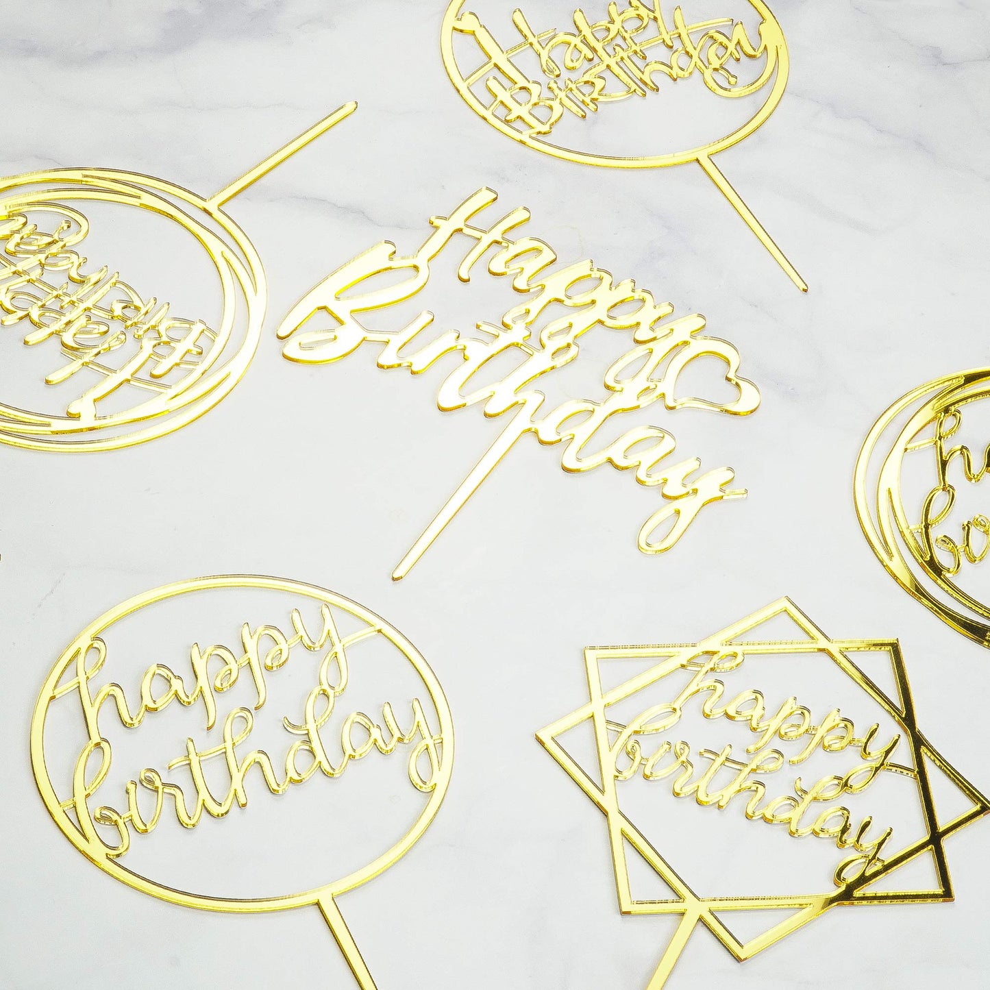 6-Pack Gold Cake Topper Set, Double-Sided Glitter, Acrylic Happy Birthday Cupcake Toppers, Birthday