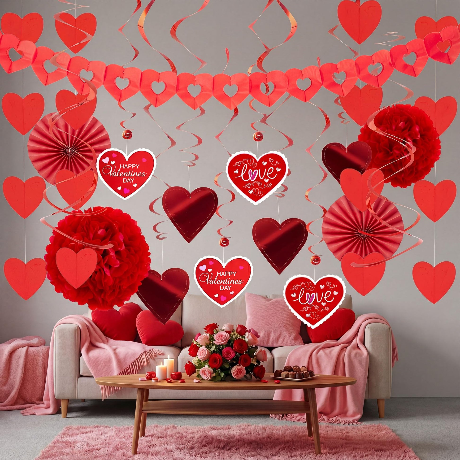 JOYIN 27 Pieces Valentines Day Swirl String Cutout, Decoration Kit with Heart Shaped Garland