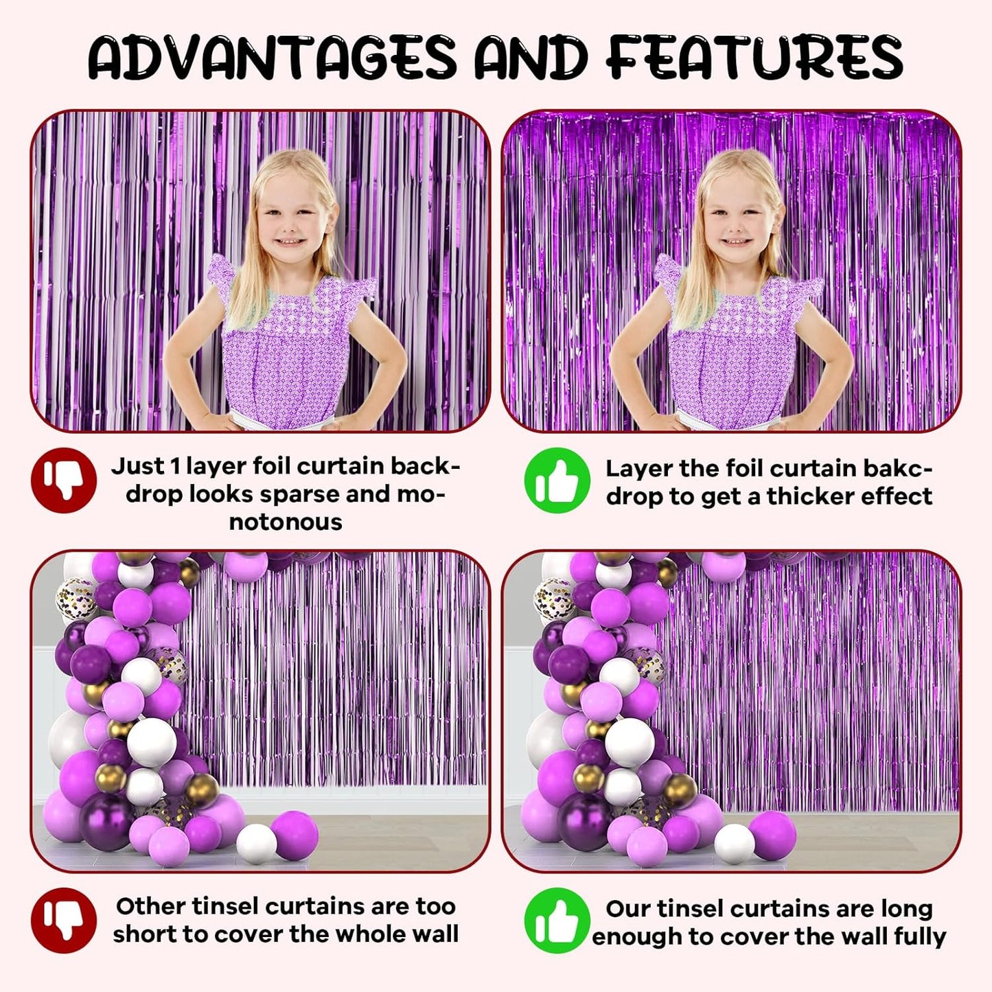 2 Pack Purple Foil Fringe Backdrop Curtains, Tinsel Streamers Birthday Party Decorations, Fringe Backdrop for Graduation, Baby Shower, Gender Reveal, Disco Party