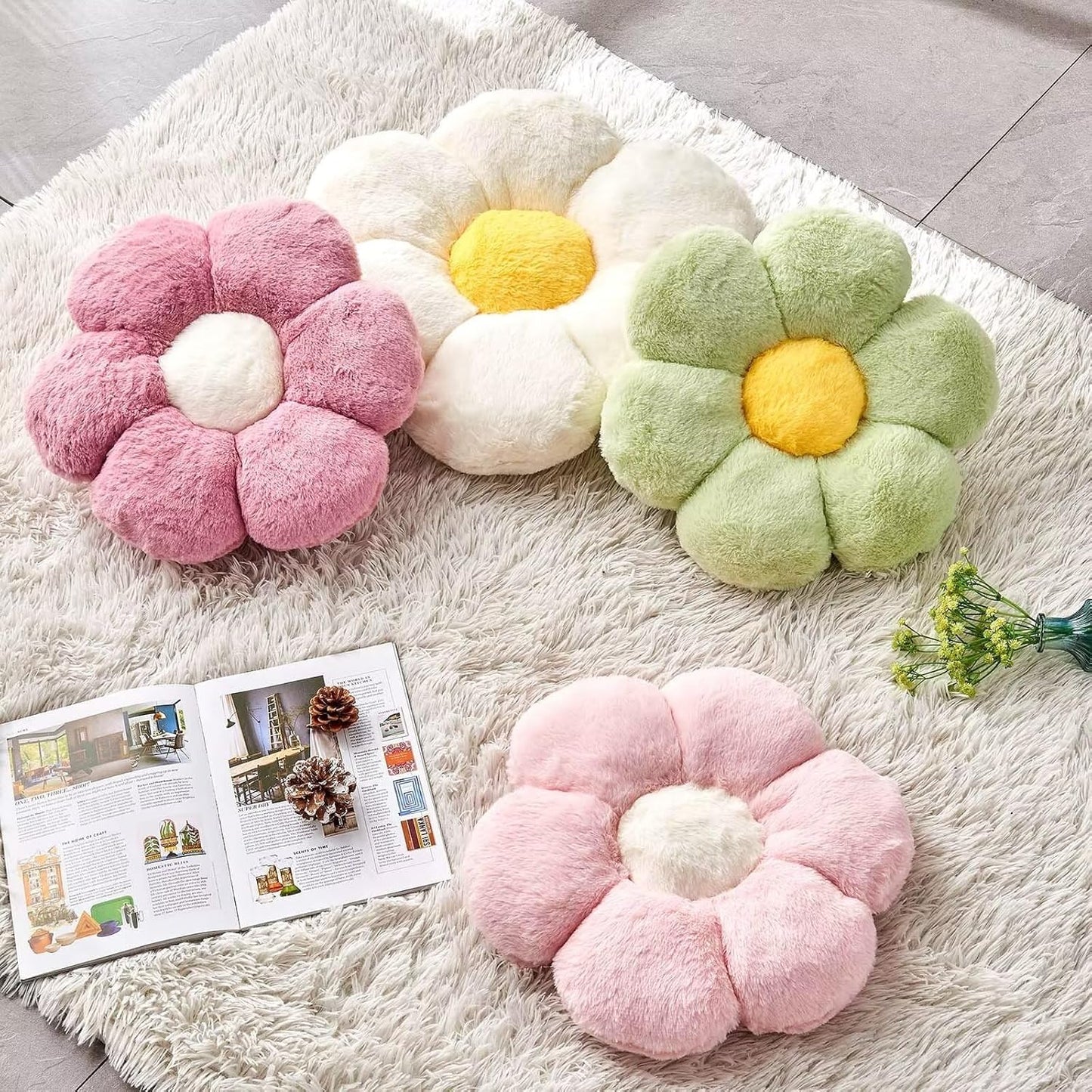 Pink Flower Pillow, Cute Decorative Flower Shaped Throw Pillow with Faux Rabbit Fur, 19.6" Soft Flower Plush Throw Pillow Floor Pillows Room Décor for Bedroom Living Room