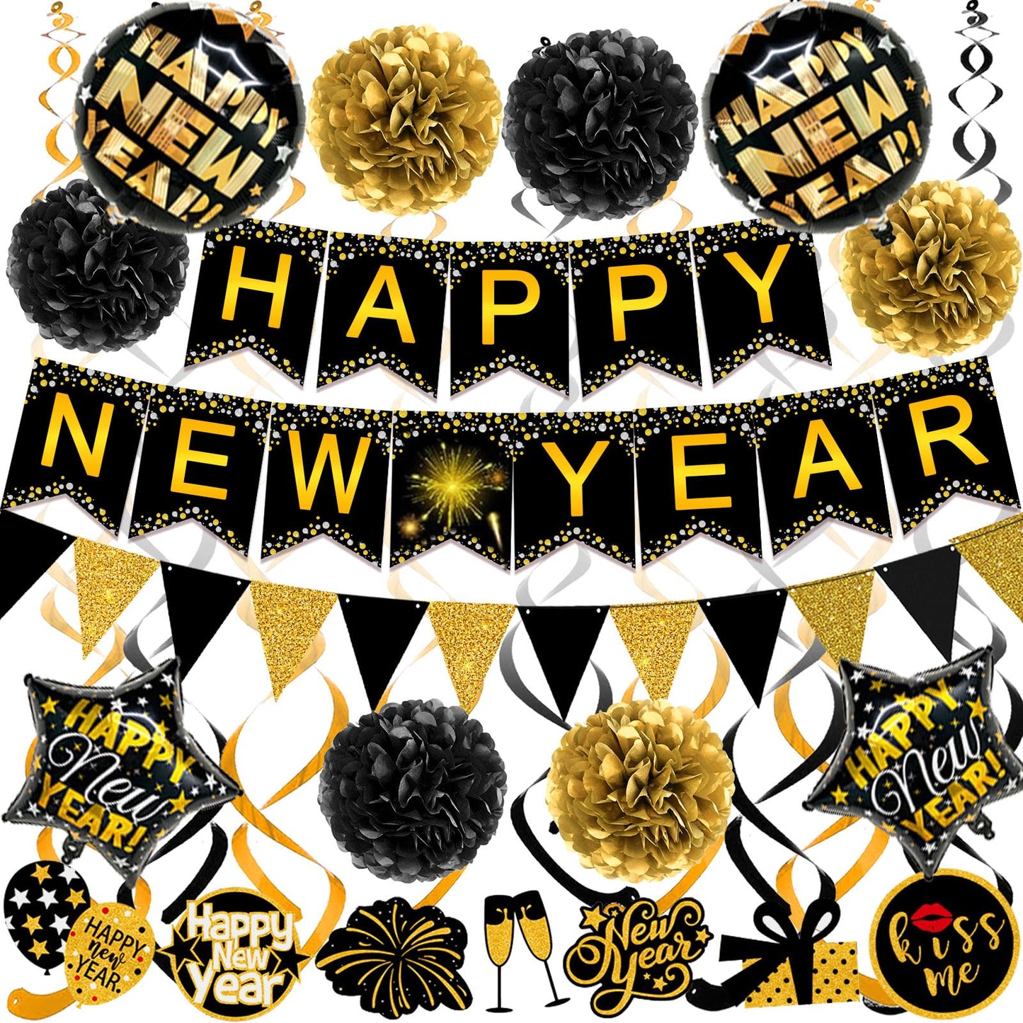 Famoby Happy New Year Paper Banner Triangle Flag Bunting Pom poms Swirls Streamers & Balloons for