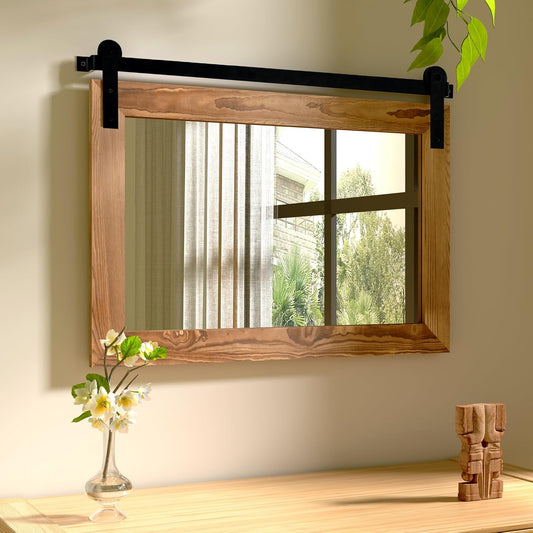 COGOOD Farmhouse Barn Door Mirror - 25 X 18 Rustic Wood Framed Decrative Mirror for Bathroom, Living Room, Entryway Wall Decor (Brown)