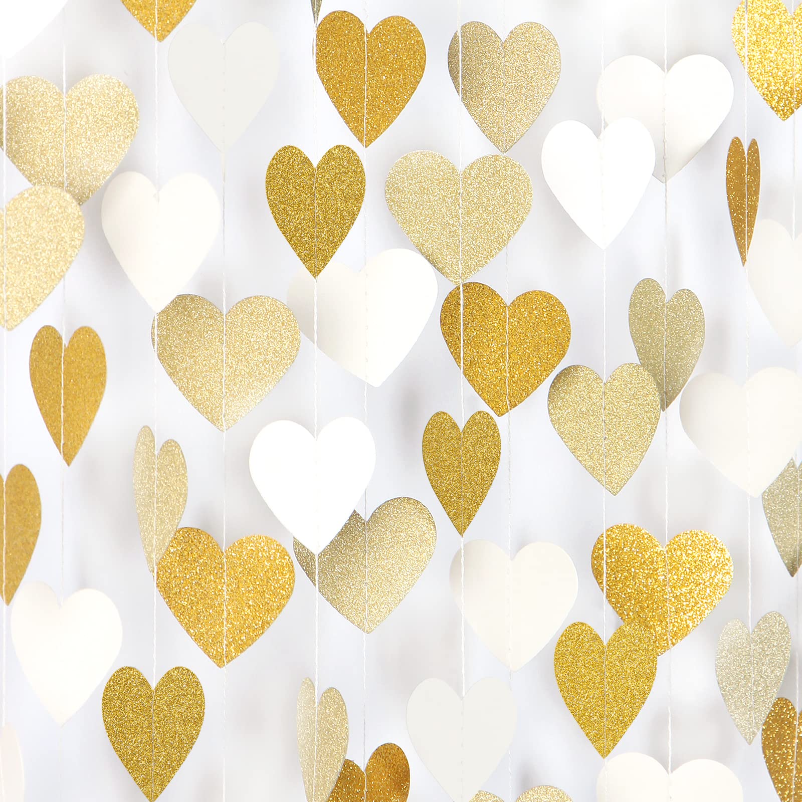 White-Gold Champagne Party-Decorations Heart Streamers Garland - 52Ft Christmas Wedding Engagement