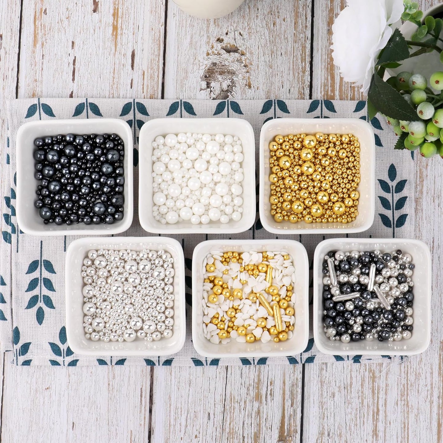 Sprinkles for Cake Decorating, 11Oz 6 Colors Gold Silver White Black Pearl Sprinkles Mix for Cake Cupcake Ice Cream Donuts Cookie Baking Toppings