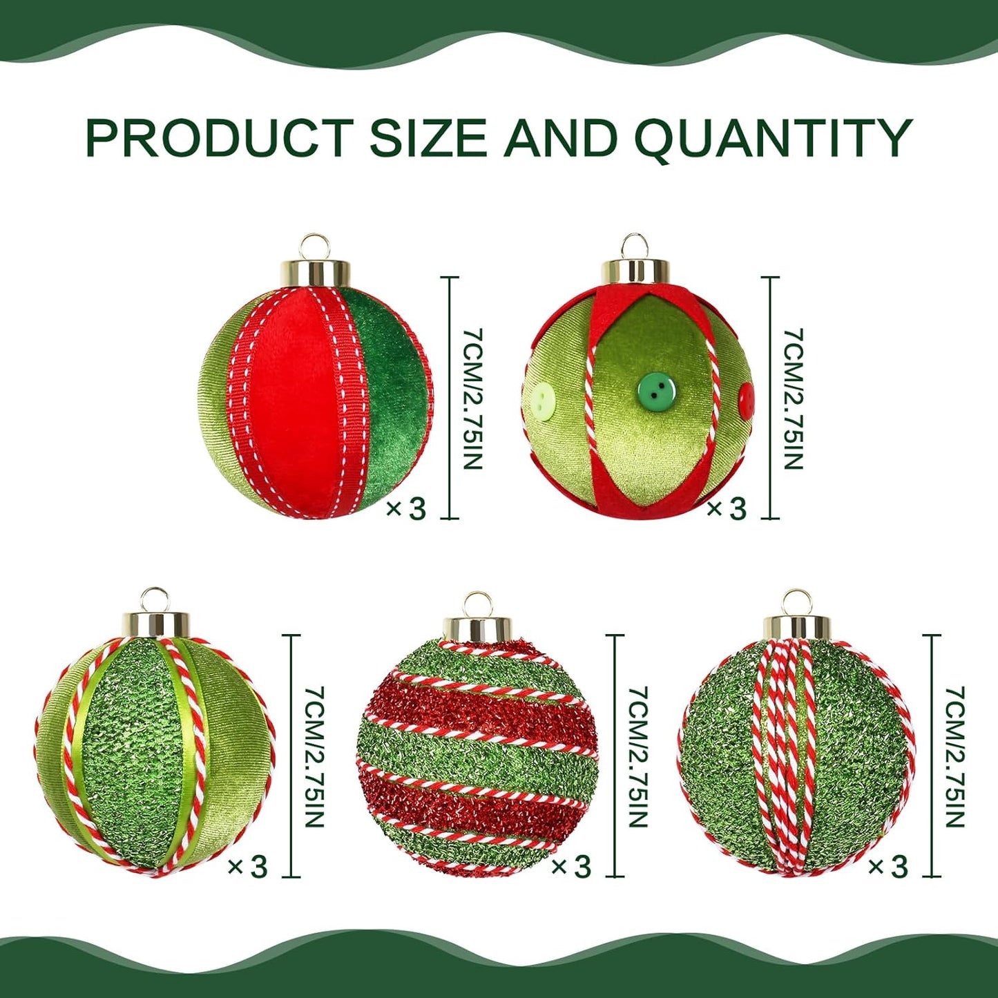SY Super Bang Red Green Christmas Ball Ornaments, 15PCS Shatterproof Velvet Ornaments Set for Christmas Tree Hanging Decorations, for Holiday Party Xmas Decor - 80MM/3.14".