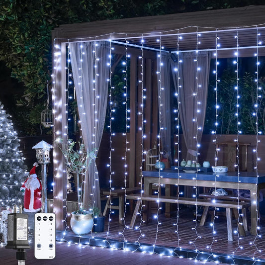 JMEXSUSS 900LED Christmas Curtain Lights Outdoor with Remote, 9.5x29.5ft White Christmas Lights Indoor Plug in, Hanging String Lights for Bedroom Wedding Backdrop Wall Window Xmas Decoration