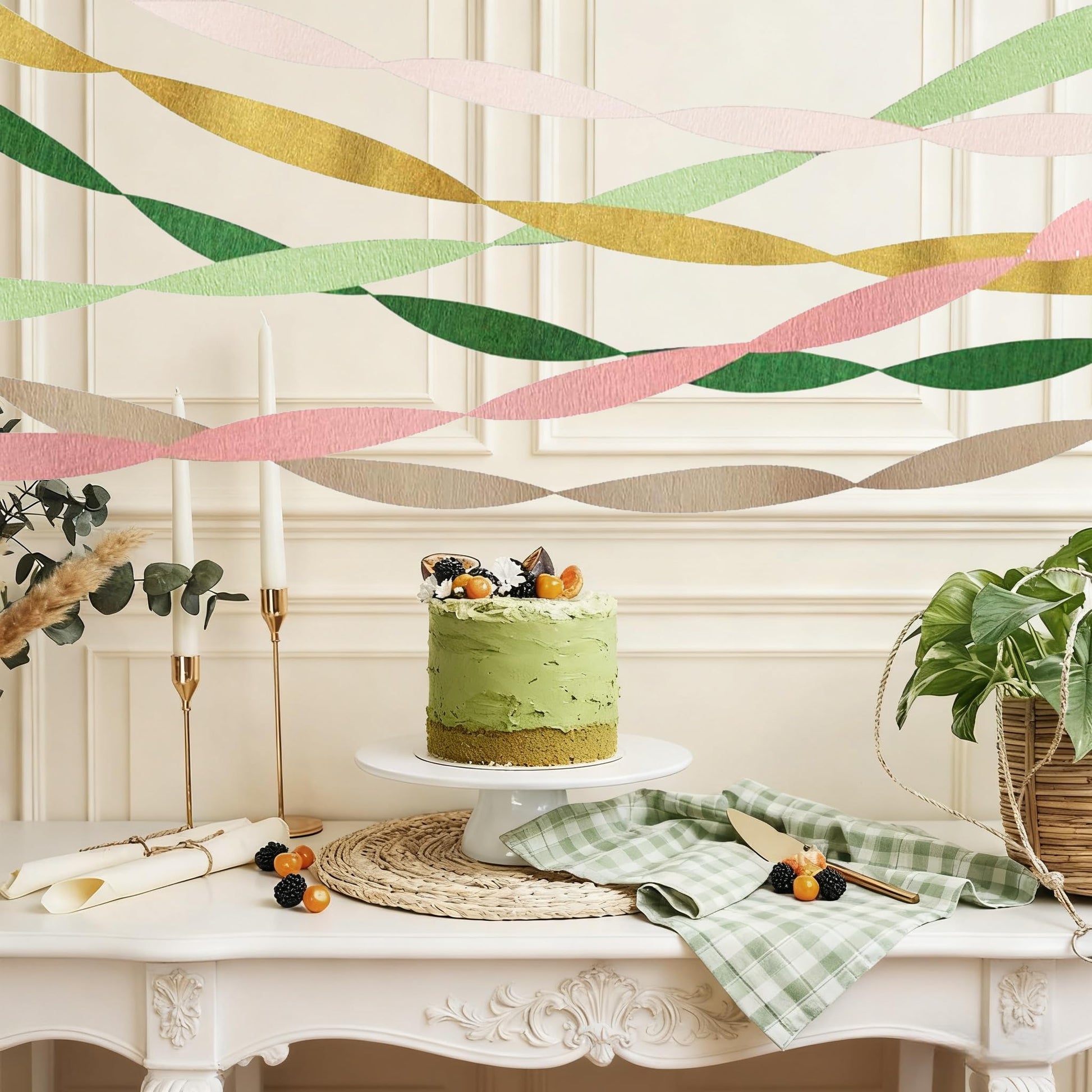 Crepe Paper Streamers Party Decorations - 6 Rolls Grass Green Gold Pink Olive Green Beige Khaki