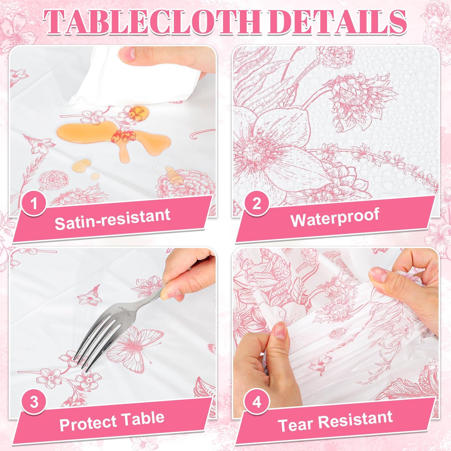 3 Pcs Pink Floral Plastic Tablecloths, Disposable Wedding Table Cloth