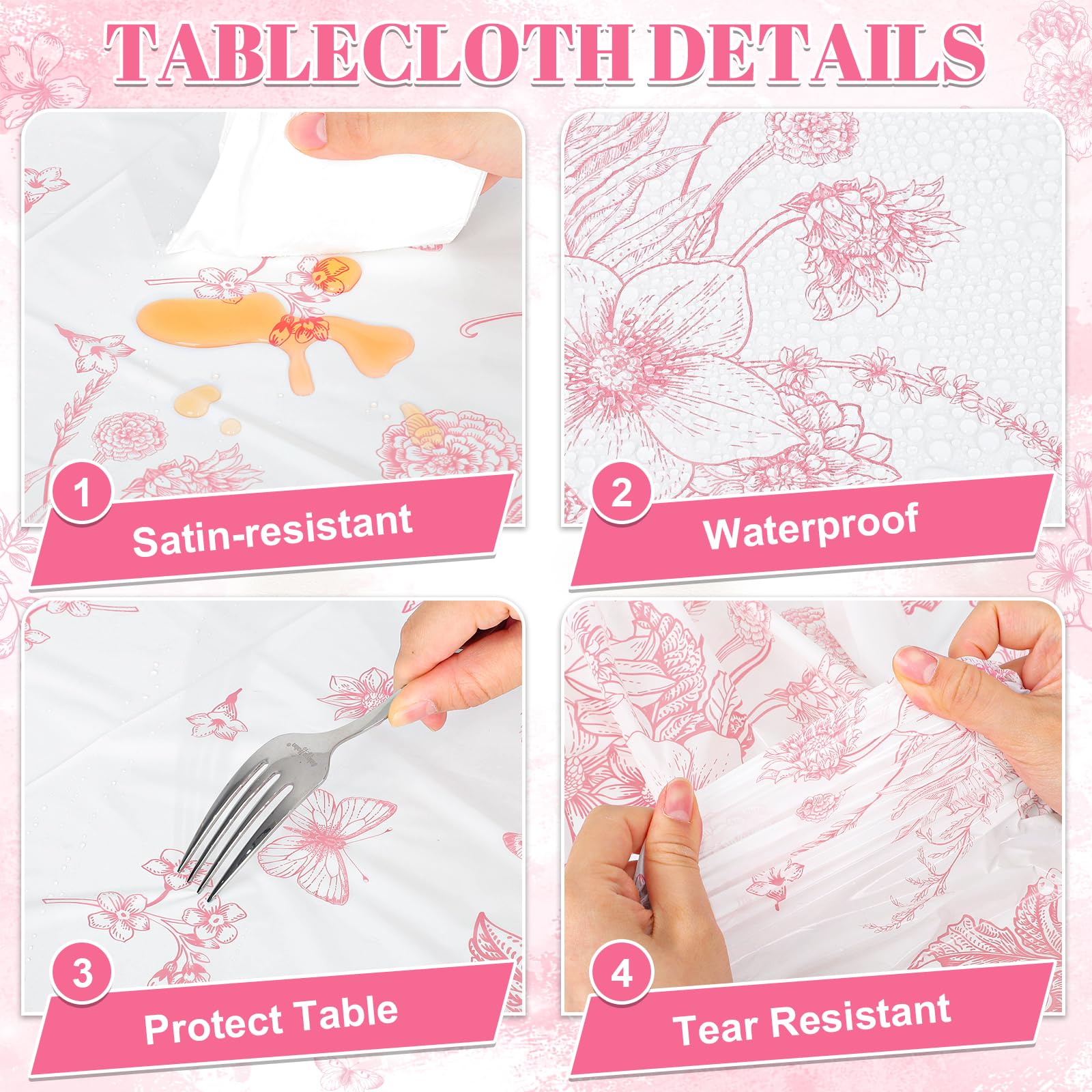 3 Pcs Pink Floral Plastic Tablecloths, Disposable Wedding Table Cloth