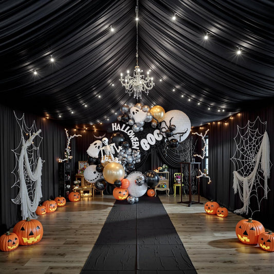 PartyVillage 20ftx40ft Black Ceiling Curtain for Halloween Parties – 4 Panels Wrinkle-Free 40 FT Long Tent Draping Curtains for Wedding, Birthday & Theme Parties, 40ft Height with Rod Pocket