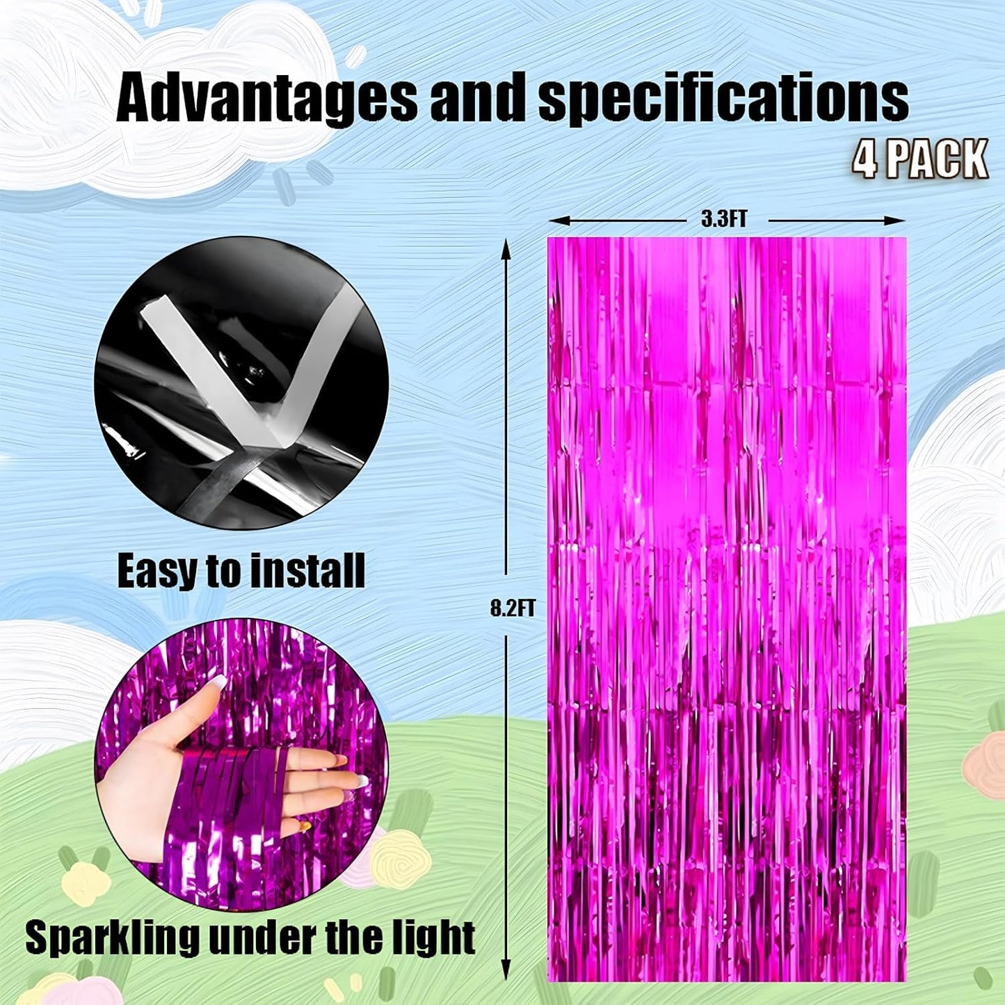 Keyali 4 Pack 3.3 * 8.3 ft Foil Curtain Metallic Tinsel Fringe Curtains Photo Booth Props Backdrop for Birthday Wedding Engagement Baby Shower Christmas Holiday Celebration Partyl,Hot Pink