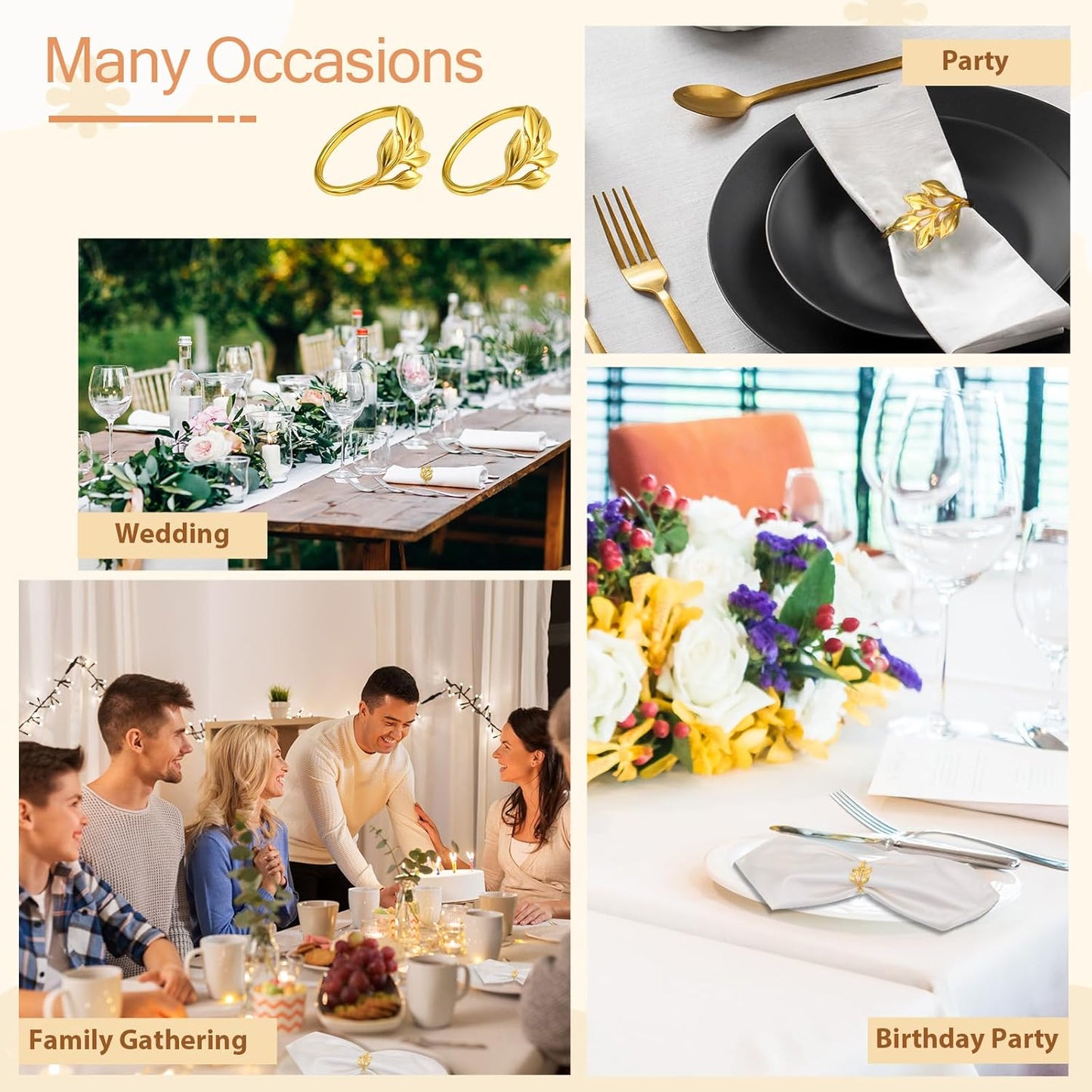 Leaf Napkin Rings Set of 50 Metal Gold Napkin Holder Stylish Fall Napkins Ring Bulk Handicraft Flower Napkins Rings for Family Dinner Wedding Birthday Christmas Thanksgiving Elegant Table Setting-Gold