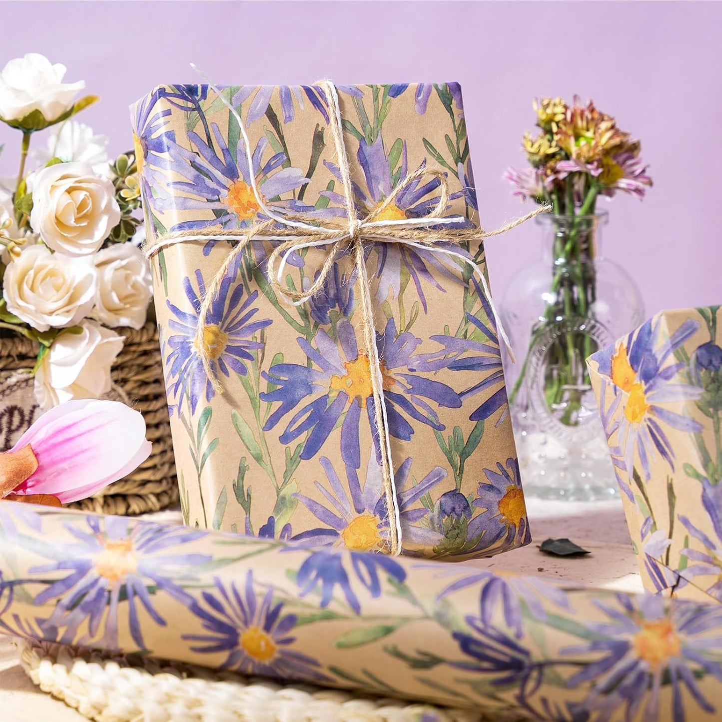 RUSPEPA Purple Floral Wrapping Paper for Women, 17 in x 16.4 ft, Mini Roll, Watercolor Flower Kraft Paper, Daisy Wrapping Paper Roll for Girls, Wedding, Birthday and Bridal Shower