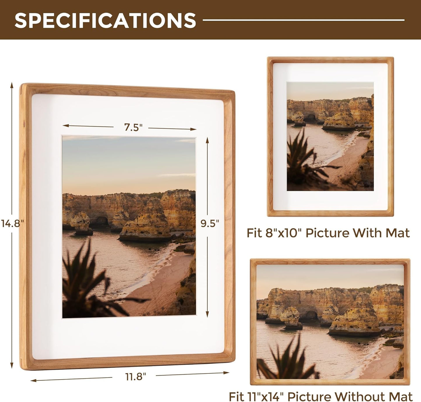11x14 Picture Frame USA-Sourced Natural Cherry Wood Solid Original Wood Photo Frame Rounded Corner with Mat to 8x10 Picture Display with Real Glass Family Picture, Wedding Picture, Photo, Certificate