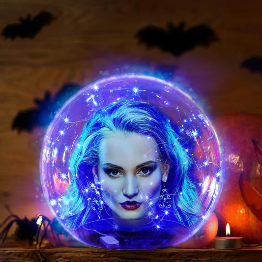 Halloween 14" Clear Acrylic Globe Decoration costume Set for Haunted House with 8.6" Neckless Opening with Blue String Lights 9.8ft Smooth Textured for Halloween