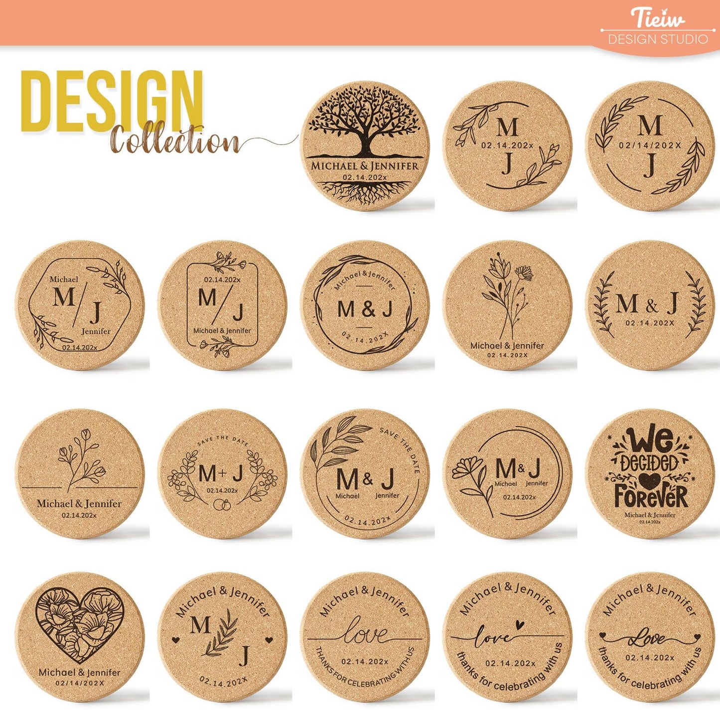 Personalized Cork Coasters - Custom Engraved Wedding Favor,Natural Round Drink Coasters, Bulk Guest Gifts, Bridal Shower,Party,Reception and Anniversary Gift Decor - Set of 25-300pcs