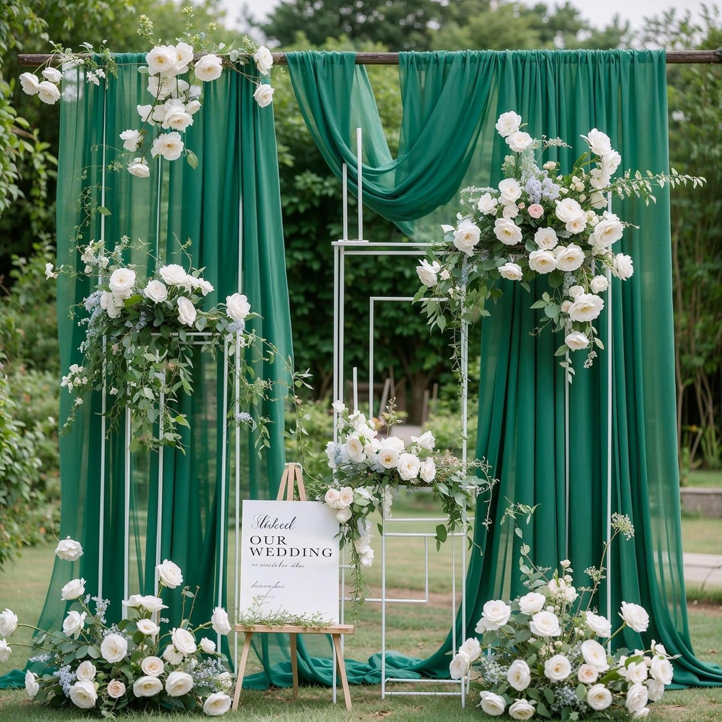 Wedding Arch Draping Fabric,2 Panels 18FT Emerald Green Sheer Chiffon Curtain Drapes 6 Yards for Wedding Ceremony Birthday Party Decoration