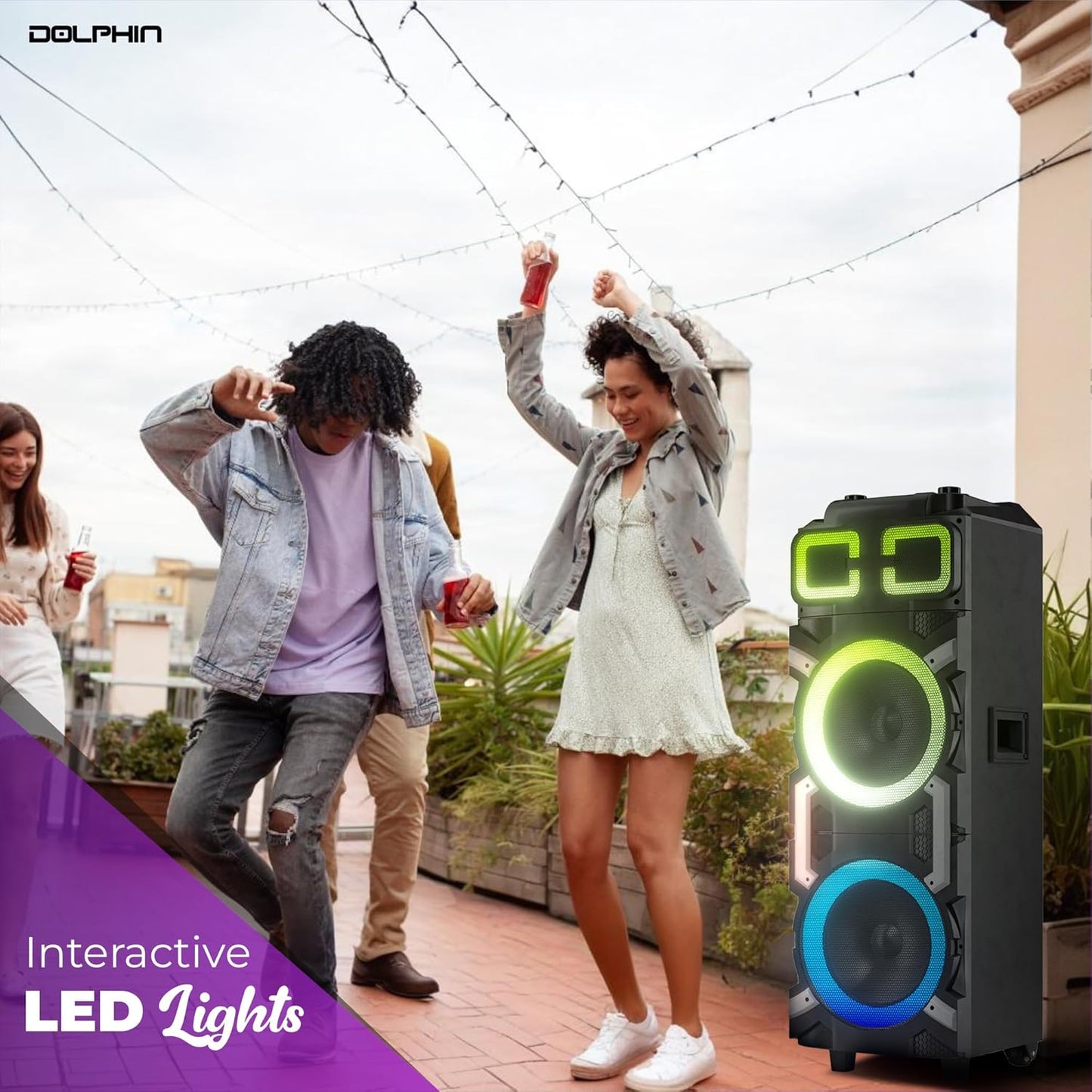 Dolphin High-Power Portable Party Bluetooth Speaker – Wooden Cabinet, X-BASS, LED Lights, Wireless Microphone – Ideal for Parties, Tailgating, and Events