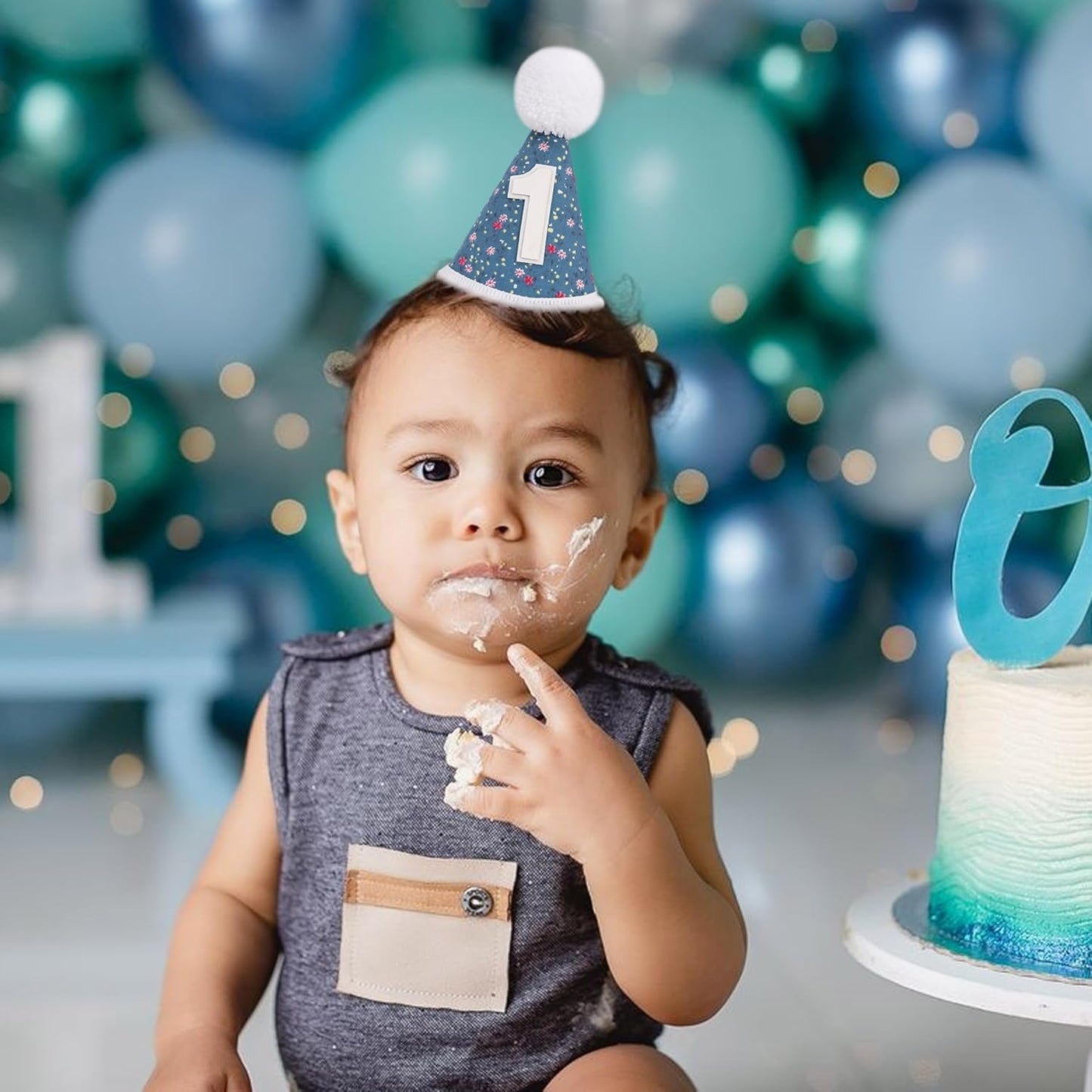 WAUAO Floral 1st Birthday Hat - Colorful Flower Cone Hat for Girls & Boys, First Birthday Crown, Party Photo Prop