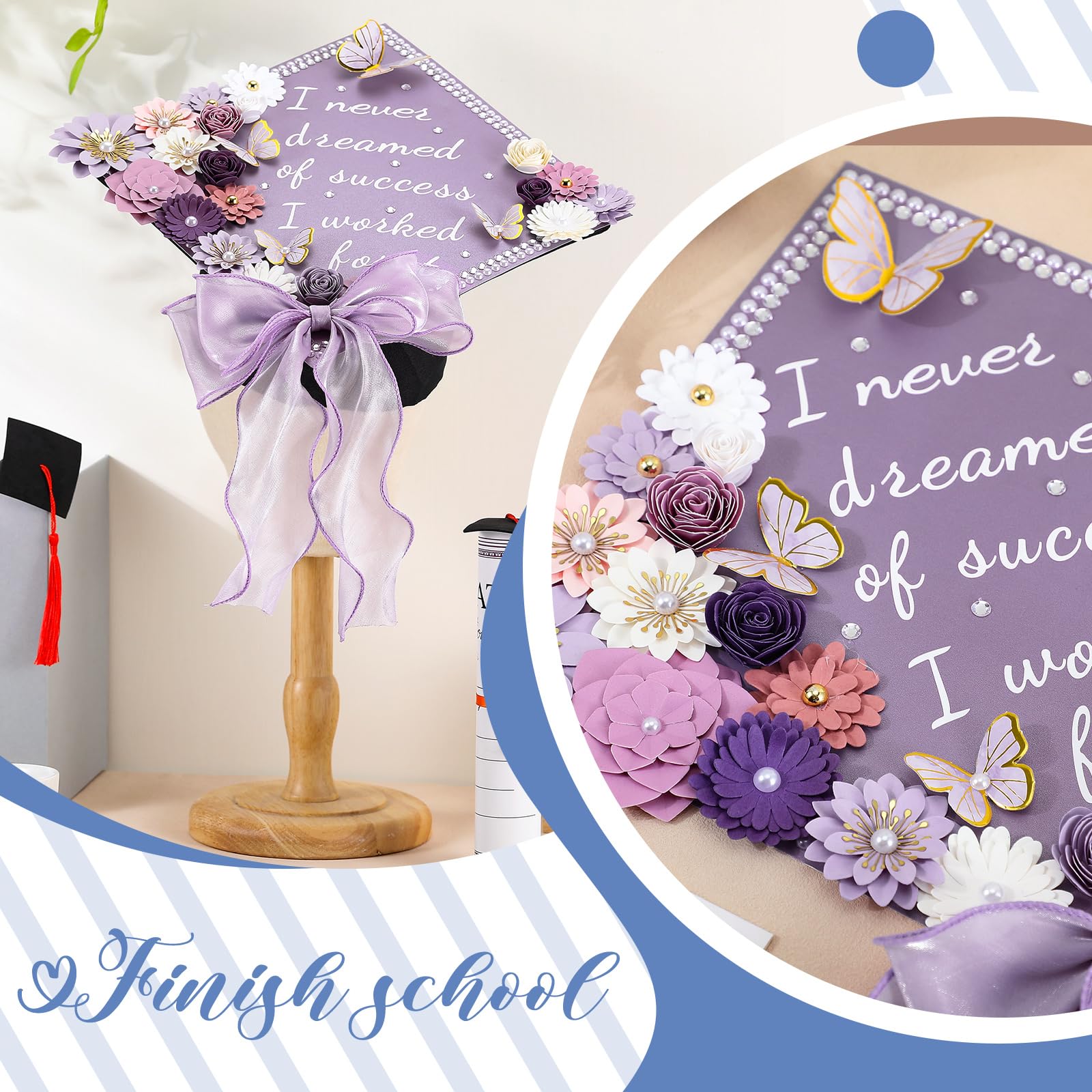 MotiMind 46 Pcs DIY Graduation Cap Decorations Kit Included Paper Flowers, 3D Butterfly Stickers