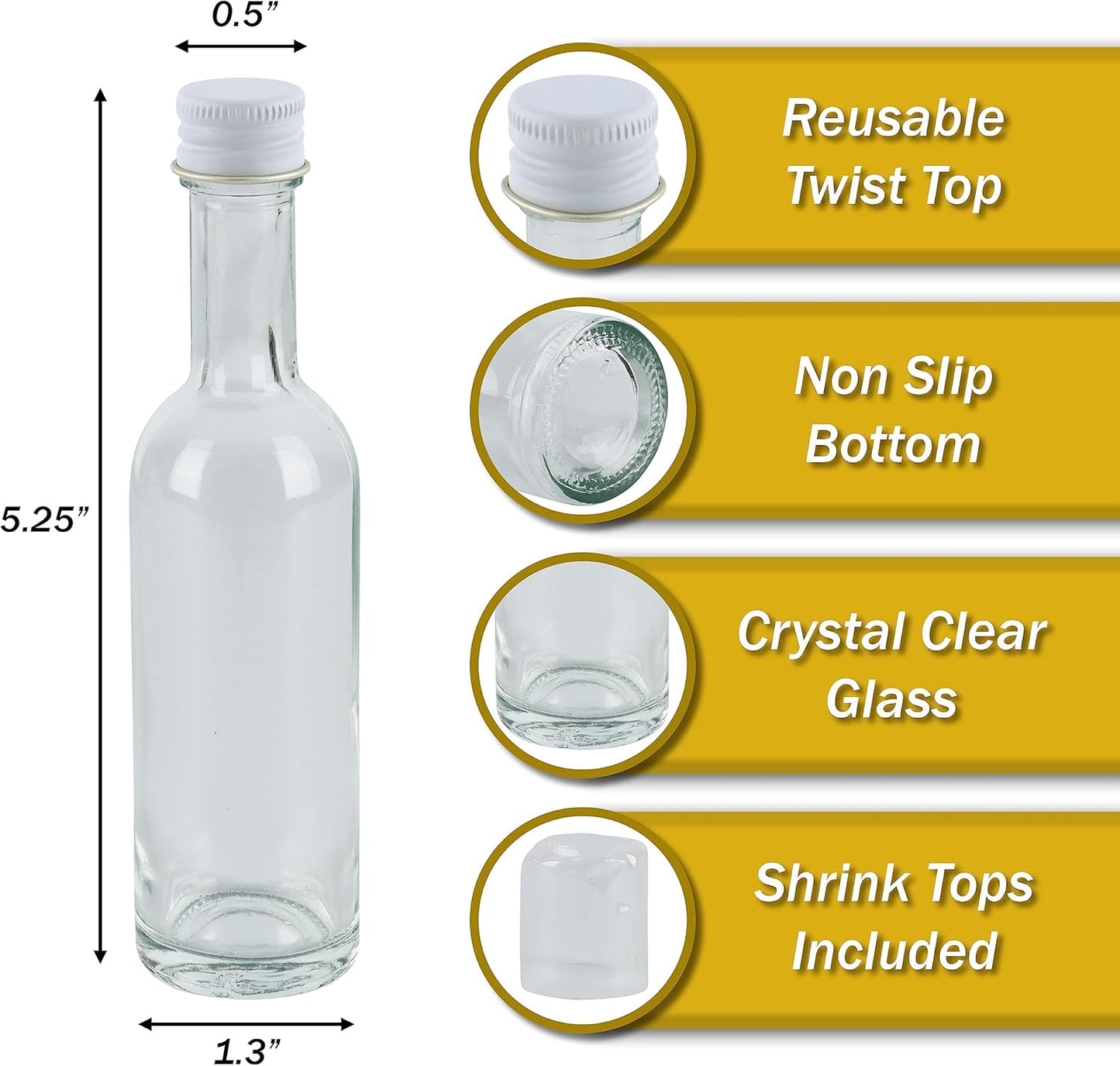 50 ml Mini Liquor Bottle Glass With Aluminum Lid and Heat Shrink 24 Pack (White Caps) for Liquor Sauce party Favor Beverage
