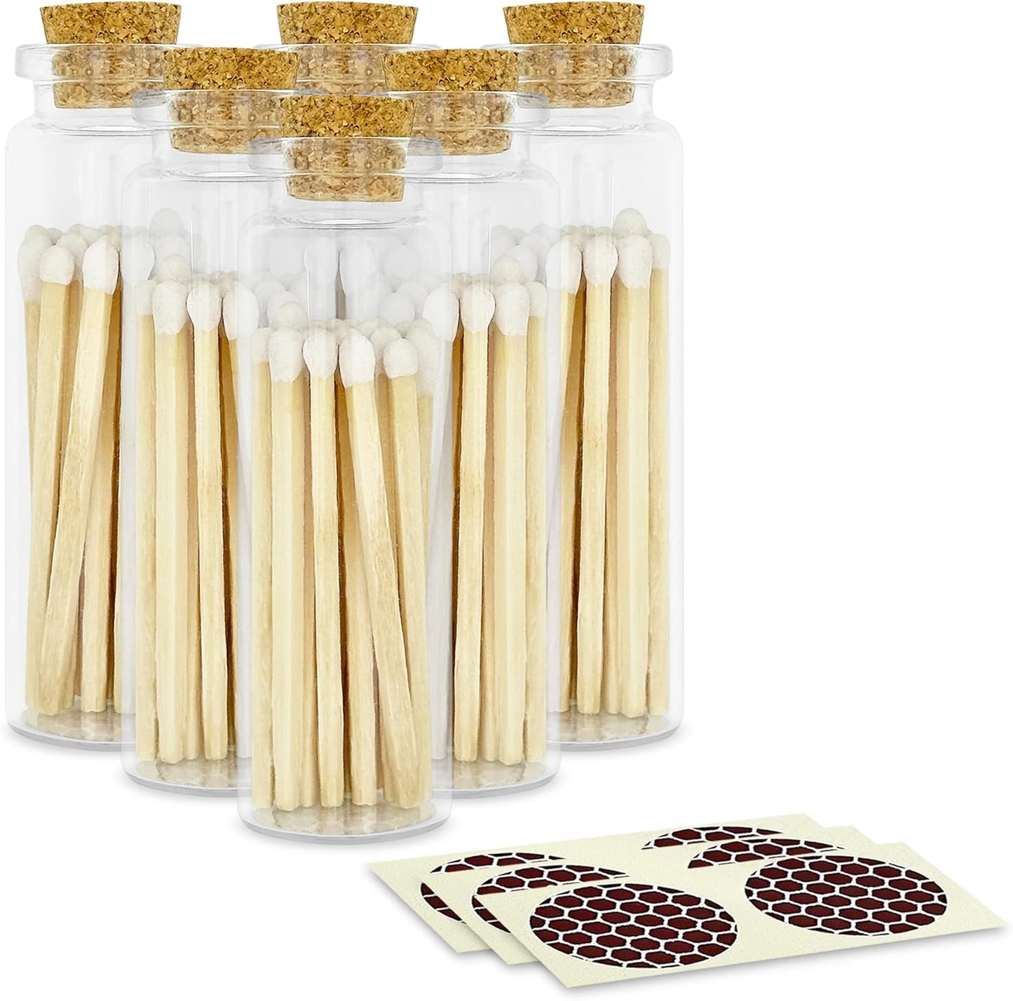 2" Classic White Tip Safety Matches | 6 Glass Bottles Each with Cork Top, Striker & 20 Matchsticks by Thankful Greetings (120+ Total) | Decorative Unique & Fun Artisan Set for Home, Gifts, & Events