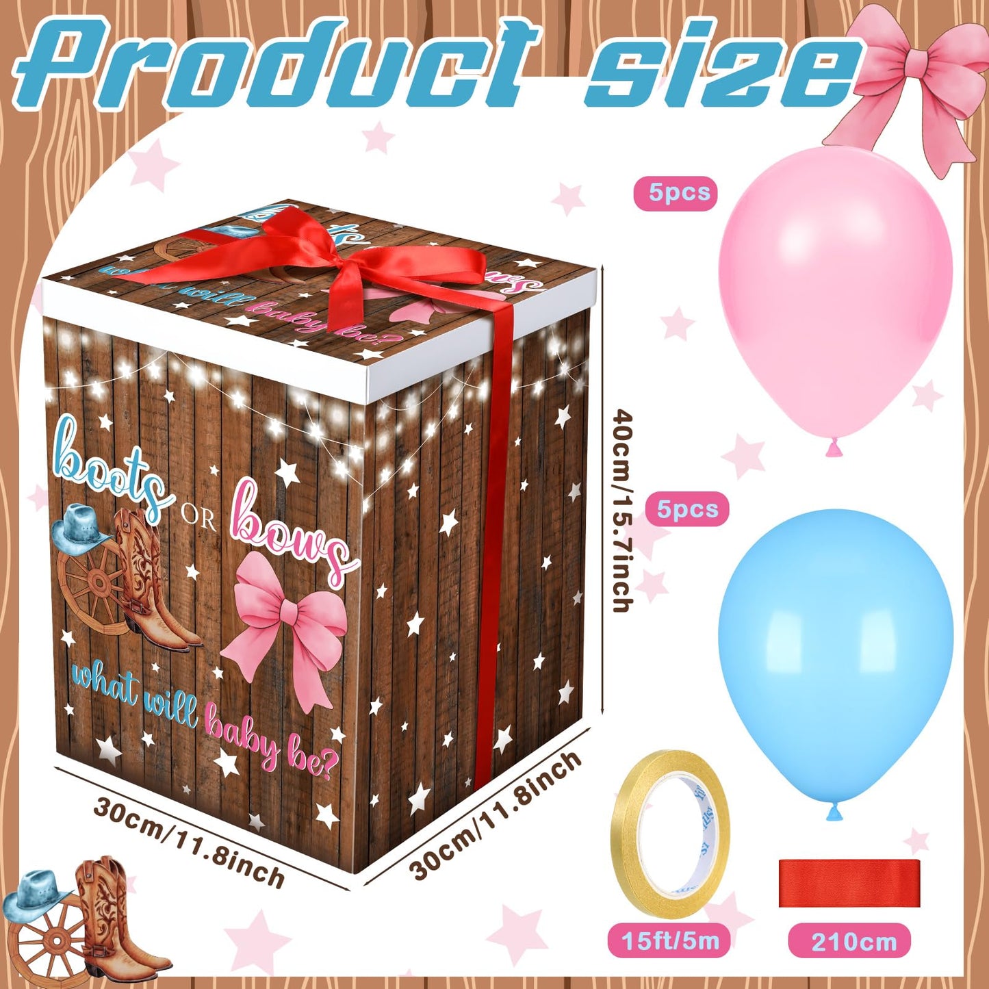 Hungdao Gender Reveal Balloon Box with Ribbon and 10 Pink and Blue Balloons Gender Reveal Games He