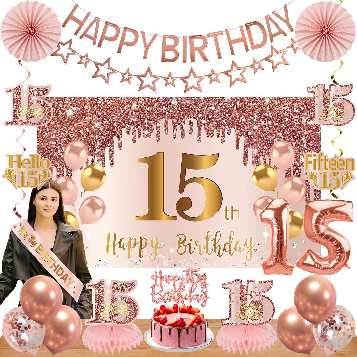 Turypaty Happy 15th Birthday Decorations Kit Girls, Pink 15 Party Supplies
