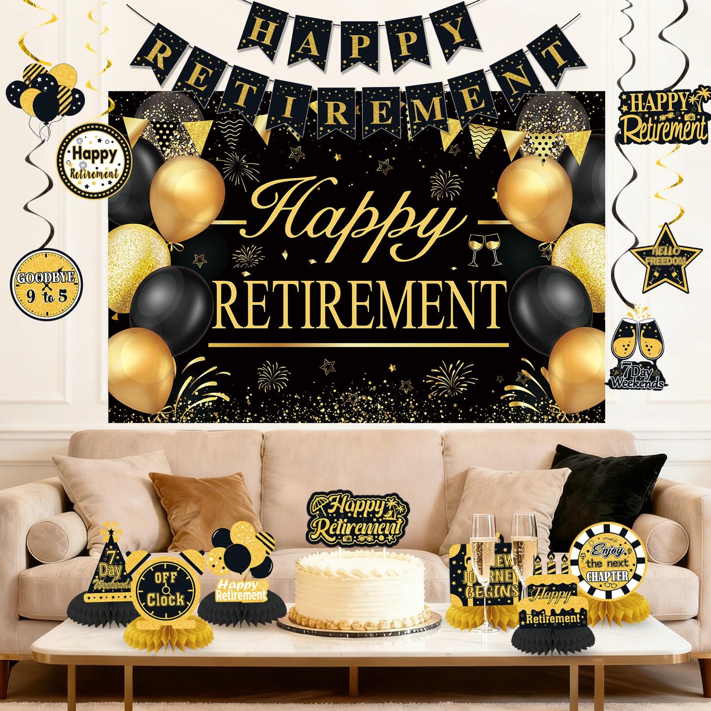 Retirement Party Decorations for Men Women Black Gold Happy Retirement Banner Backdrop Honeycomb
