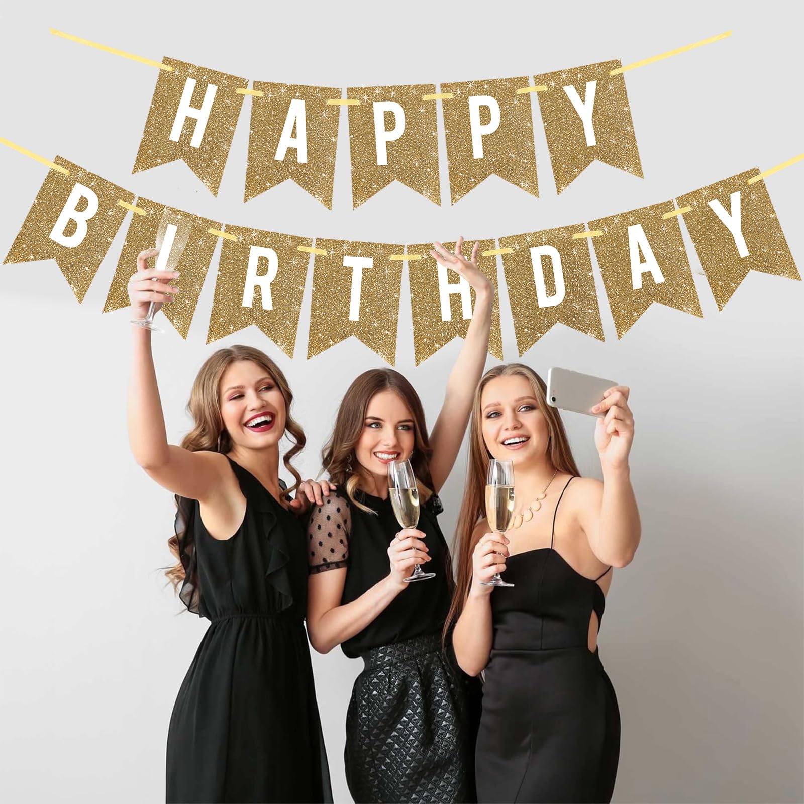 Netnology Pre-Strung Gold Glitter Happy Birthday Banner Decorations