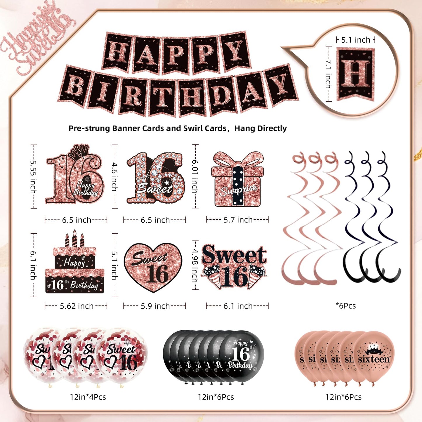 50Pcs Sweet 16 Birthday Party Decorations for Girls,Pre-Assembled Party Set