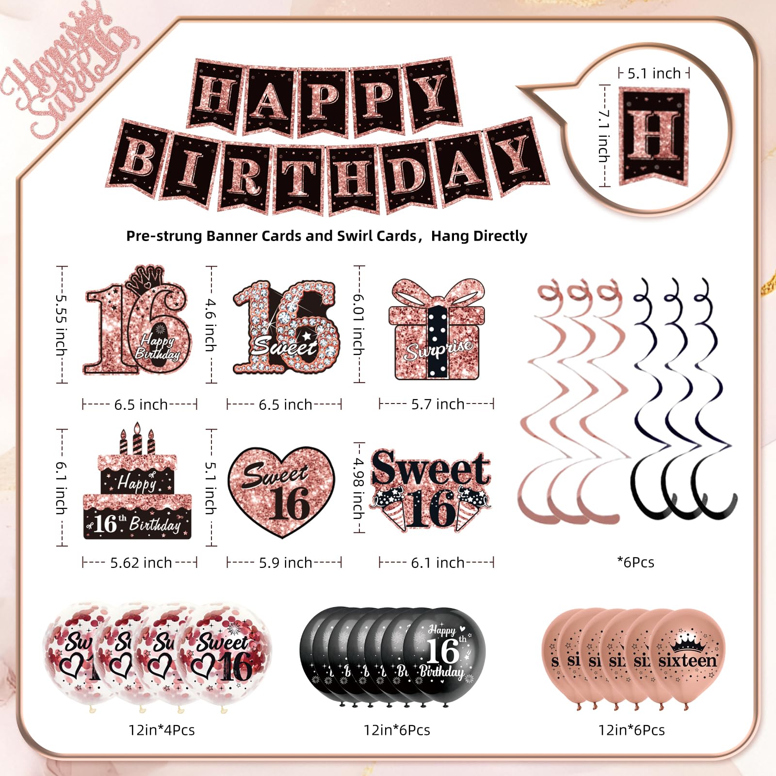50Pcs Sweet 16 Birthday Party Decorations for Girls,Pre-Assembled Party Set